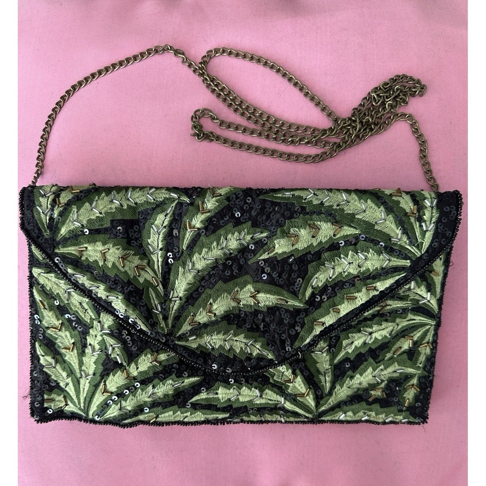 Clements Ribeiro Embroidered Sequin Envelope Clutch Bag‎ Green Black 10x6
